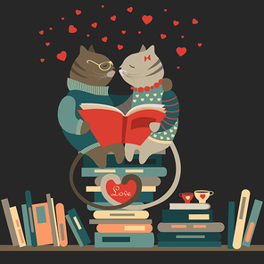 Cute cats in love reading a book. Vector illustration