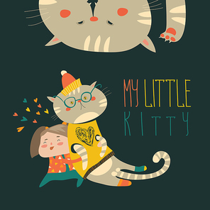 Small girl with funny kitten. Vector illustration
