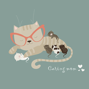Cute cat with little kittens. Vector illustration