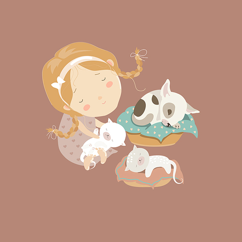 Cute girl with funny kittens and puppy. Vector illustration