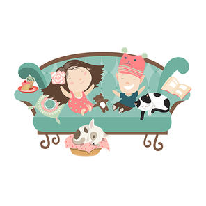 Happy kids sitting on the couch. Vector isolated illustration