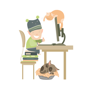 Little boy sitting at computer. Vector isolated illustration