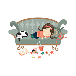 Lazy sleeping girl with cat. Vector isolated illustration