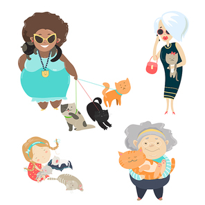 Funny cats with their owners. Vector flat illustration
