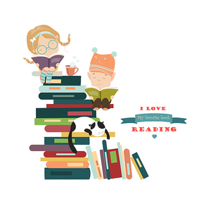 Funny kids reading books. Vector isolated illustration