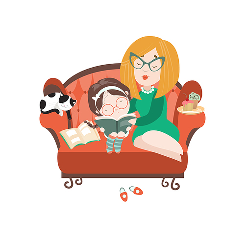 Young mother reading book to her daughter. Vector isolated illustration