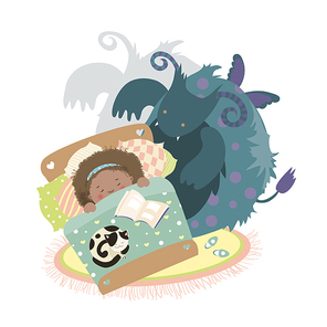 Monster sits at bed and frightened girl. Vector illustration