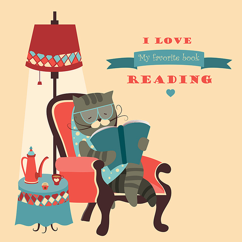 Vector cat reading book sitting in a chair