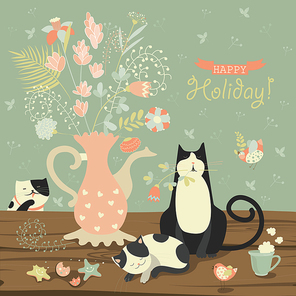 Still-life with a bouquet of flowers and cats. Vector greeting card