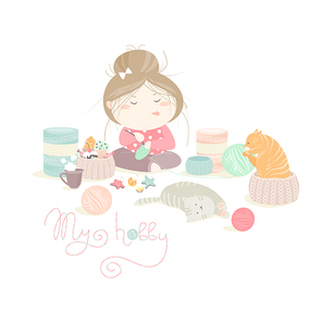Funny pretty girl knitting. Vector isolated illustration