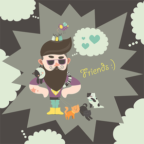 Hipster with his cats. Vector flat illustration