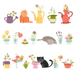 Set of  flowers in vases with funny cats. Vector isolated illustration