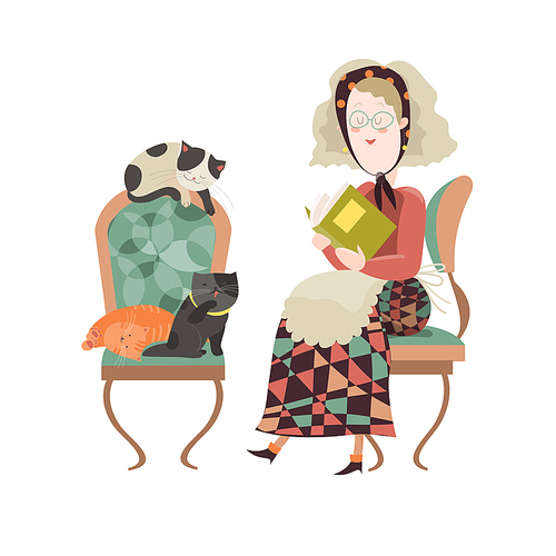 Old woman with her cats. Vector illustration