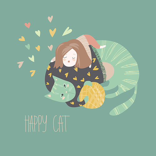 Cute cartoon girl with her playful cat. Vector illustration