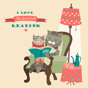 Vector cat and kitten reading a book