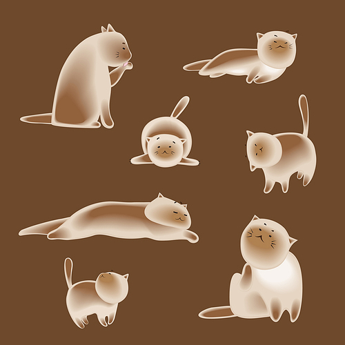Set of siamese vector cats characters on brown background