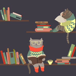 Vector cute cats reading books on bookshelves