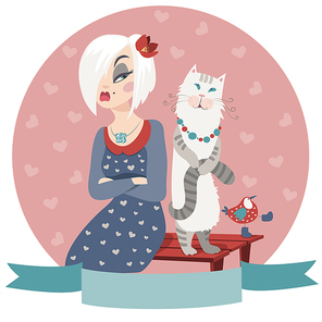 Vector woman offended by cat and bird