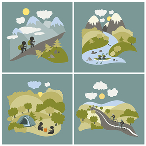 Set of vector lat style outdoor leisure pictures. Journey by kayak, cycling trip and mountain hiking.