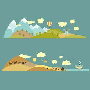 Landscapes from mountains to plains and from desert to sea Vector illustration