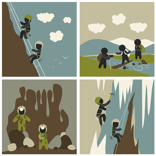 Set of vector flat style outdoor leisure pictures. Speleology, mountaineering,rock climbing and mountain hiking.