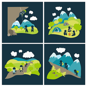 Set of vector lat style outdoor leisure pictures. Rock climbing and mountain hiking.