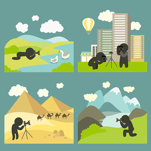 Photographer makes some landmarks shots at variety of travel location. Set of vector icons