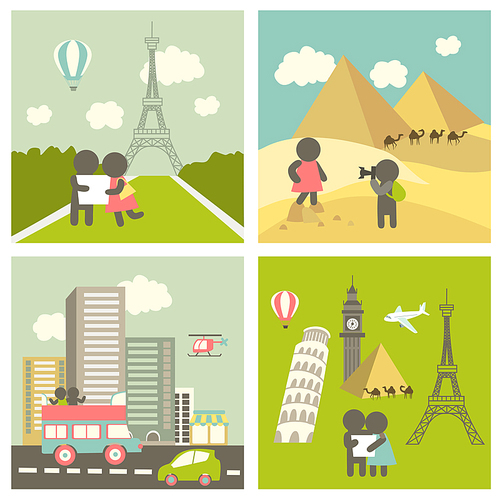 Couple in love traveling. Vector icons in flat style