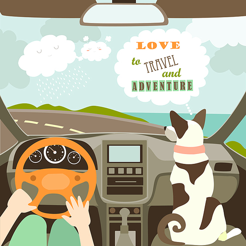Owner having a car trip with their dog. Vector illustration