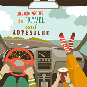 Man and woman traveling by car. Flat design vector illustration.