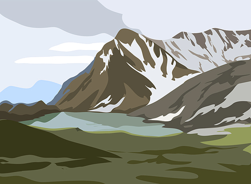 Vector landscape with snow-capped mountains and lake