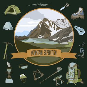 Vector set of mountaineering icons and mountain landscape