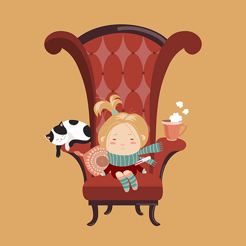 Cute girl sick cold sitting in the big chair. Vector illustration