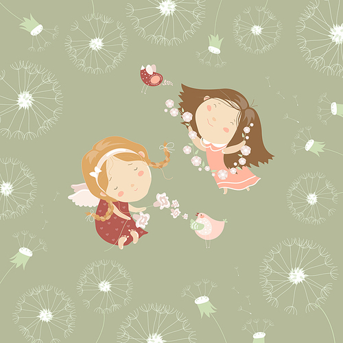 Two little angels with flowers. Vector greeting card