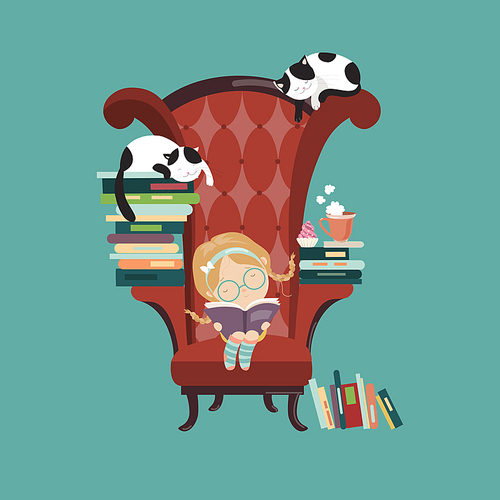 Little girl reading a book. Vector isolated illustration