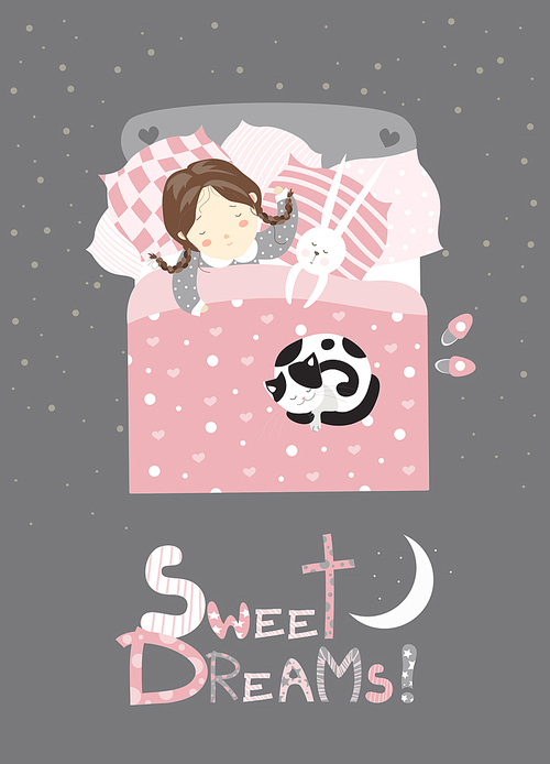 Little girl sleeping with cat. vector illustration