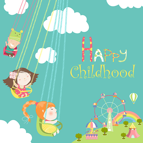 Children ride on the carousel. Vector illustration