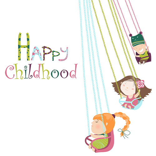 Children ride on the carousel. Vector illustration