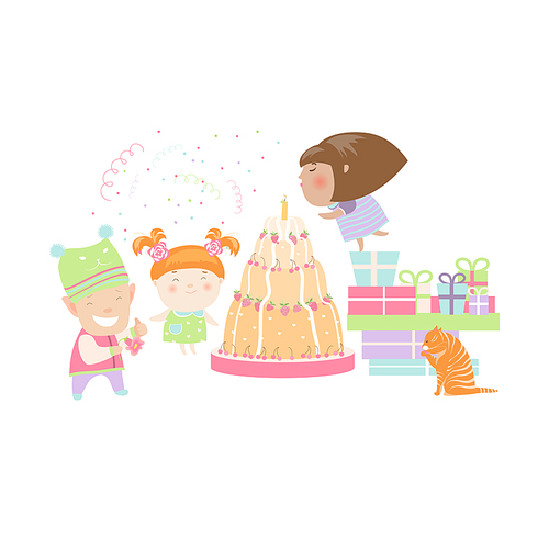 Kids celebrating Birthday with gifts and cake. Vector isolated illustration