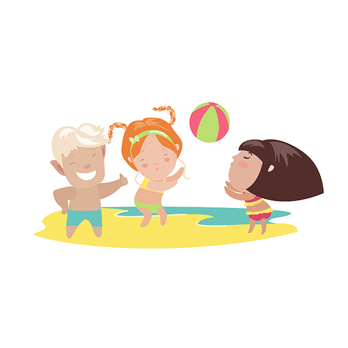 Children playing beach volleyball. Vector isolated illustration