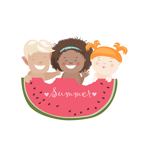 Funny children eating watermelon. Vector isolated illustartion