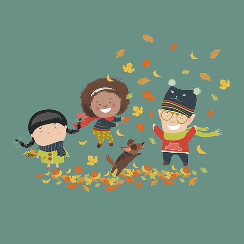 Kids playing with autumn leaves. Vector illustration