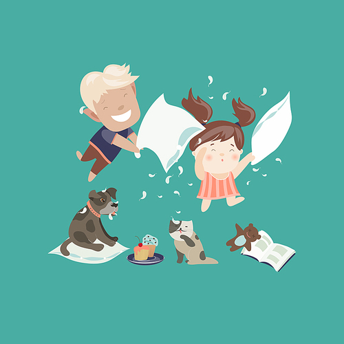 Funny kids having a pillow fight. Vector illustration