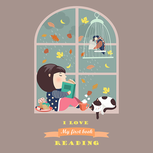 Girl reading by the window. Vector illustration