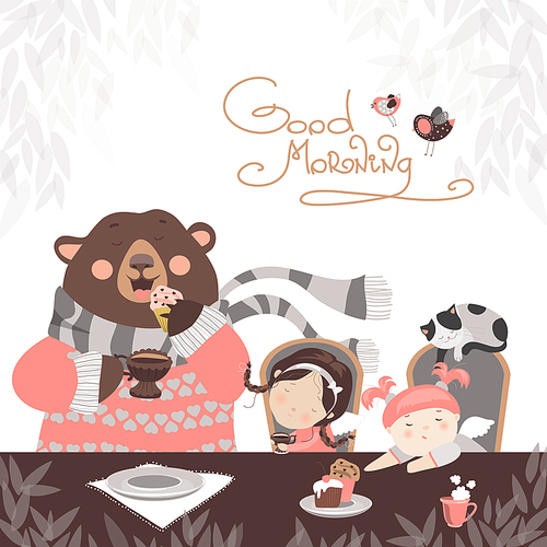 Girls drinking tea with a cute bear. Vector illustration
