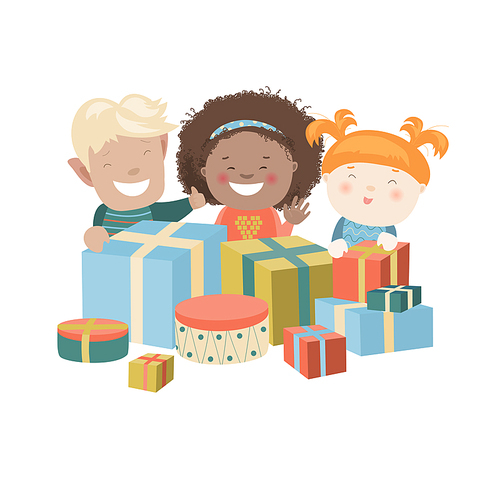 Vector Illustration of Kids Opening Christmas Gifts
