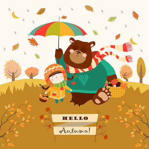 Girl and bear walking under an umbrella in the forest. Vector illustration