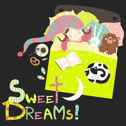 Little girl sleeping with toys and cat. Vector illustration