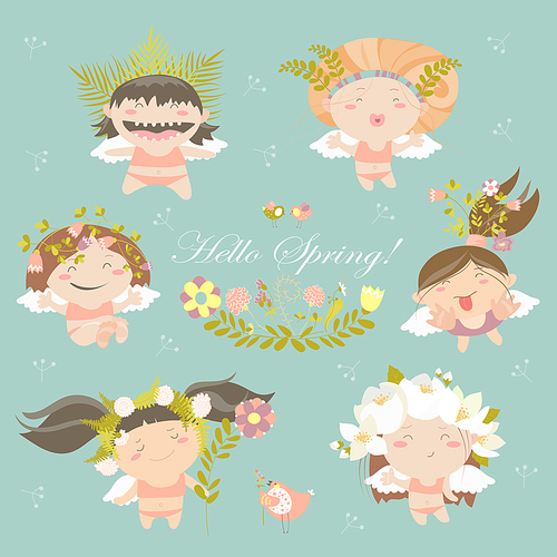 Vector set of cute spring angels with flowers