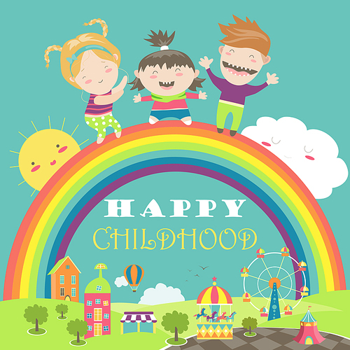 Happy children with rainbow and carousel. Vector illustration